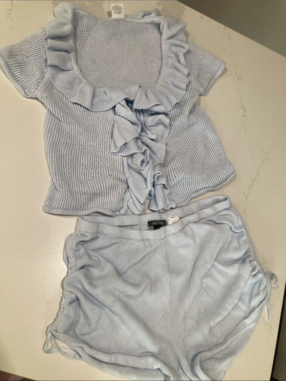 wild fable Light Blue Ruffle Knit Top & Shorts Set